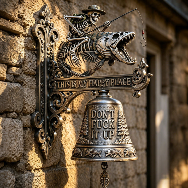 🎣 Metal Skeleton Fisherman Wall Bell – “This Is My Happy Place” Outdoor Décor🔥